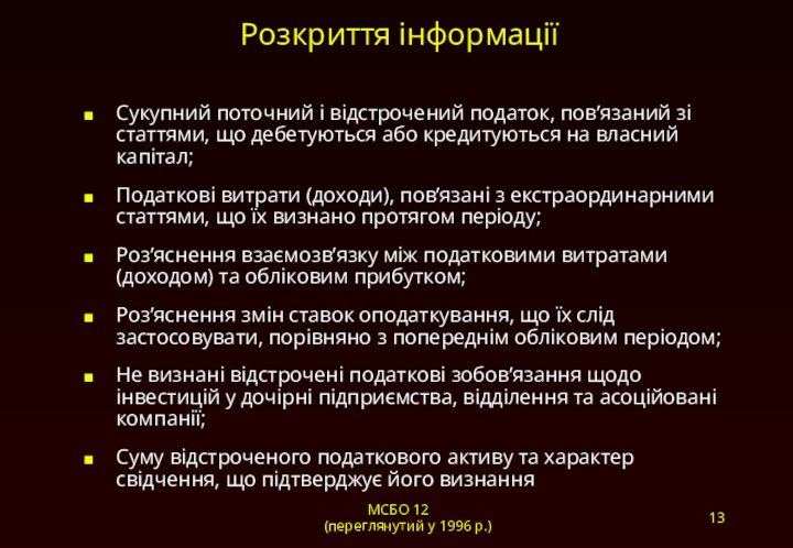 МСБО 12 (переглянутий у 1996 р.)Розкриття інформації Сукупний поточний і відстрочений