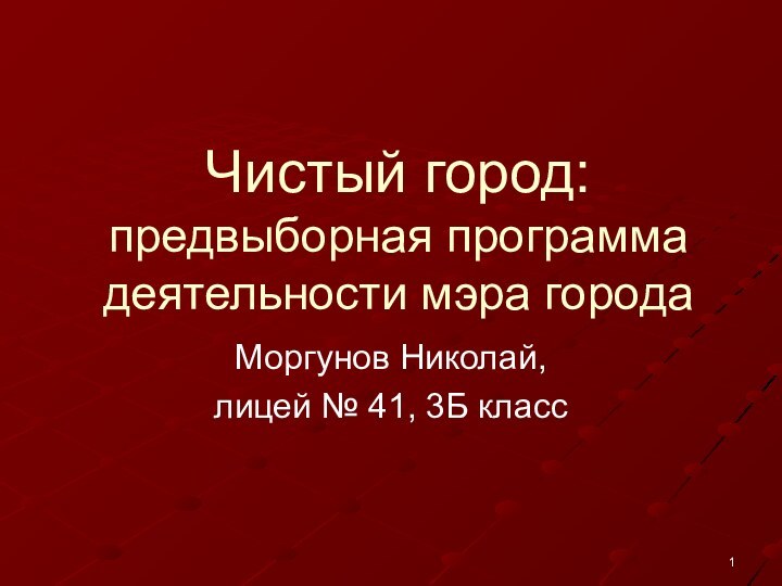 Чистый город: предвыборная программа деятельности мэра городаМоргунов Николай,лицей № 41, 3Б класс