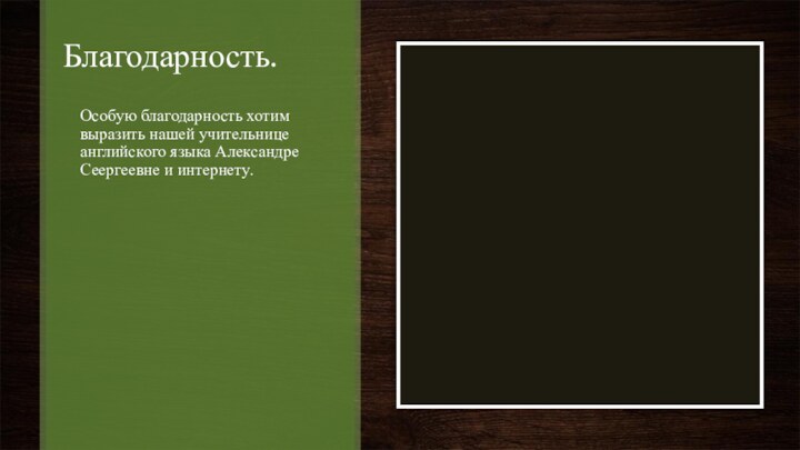 Благодарность.Особую благодарность хотим выразить нашей учительнице английского языка Александре Сеергеевне и интернету.