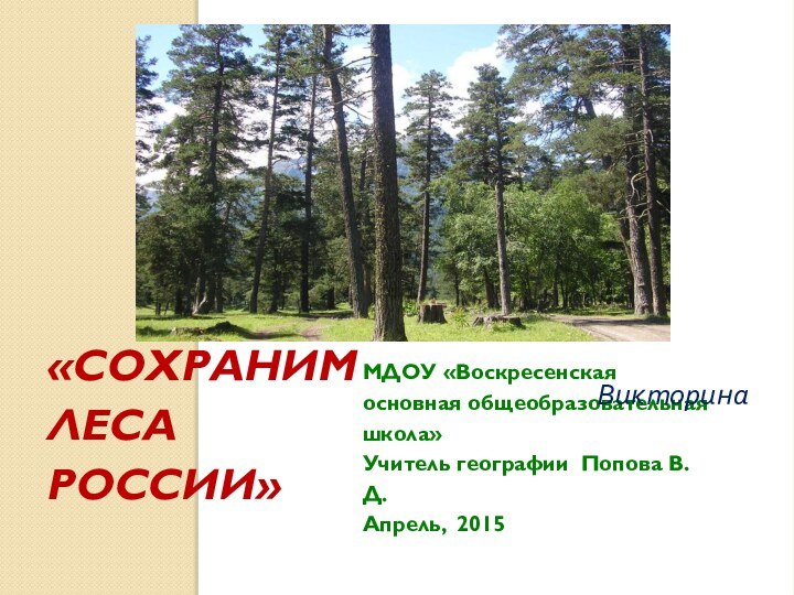 «Сохраним леса России»  МДОУ «Воскресенская основная общеобразовательная школа»Учитель географии Попова В.Д.Апрель, 2015 Викторина