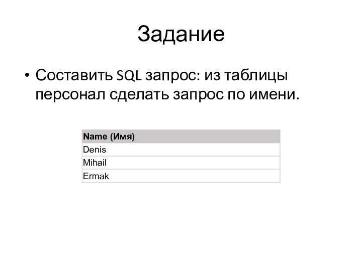 ЗаданиеСоставить SQL запрос: из таблицы персонал сделать запрос по имени.
