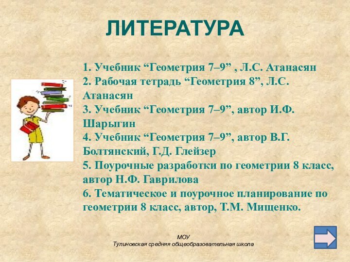 МОУ Тулиновская средняя общеобразовательная школа ЛИТЕРАТУРА1. Учебник “Геометрия 7–9” , Л.С. Атанасян2.