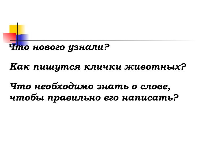 Итог урокаЧто нового узнали?Как пишутся клички животных?Что необходимо знать о слове, чтобы правильно его написать?