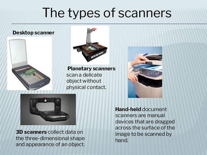 The types of scannersDesktop scanner3D scanners collect data on the three-dimensional shape