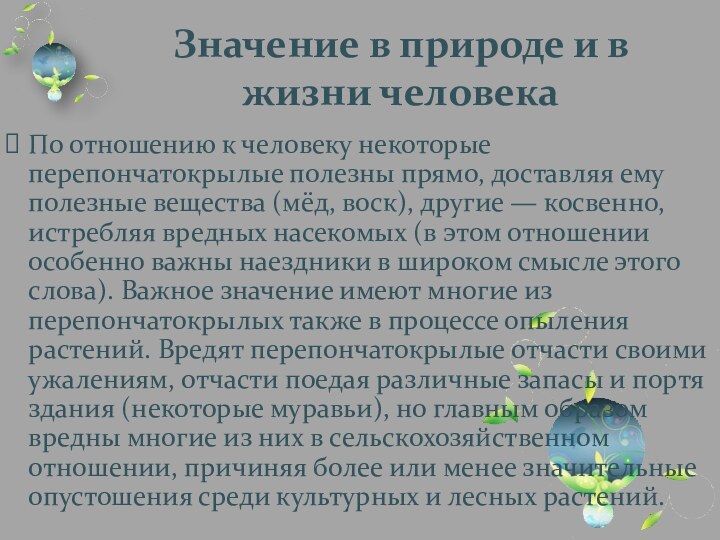 Значение в природе и в жизни человекаПо отношению к человеку некоторые перепончатокрылые