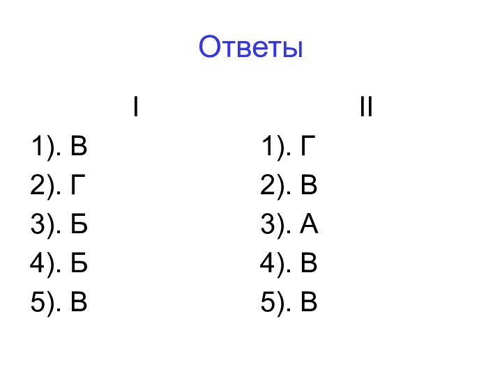 ОтветыI1). В2). Г3). Б4). Б5). ВII1). Г2). В3). А4). В5). В