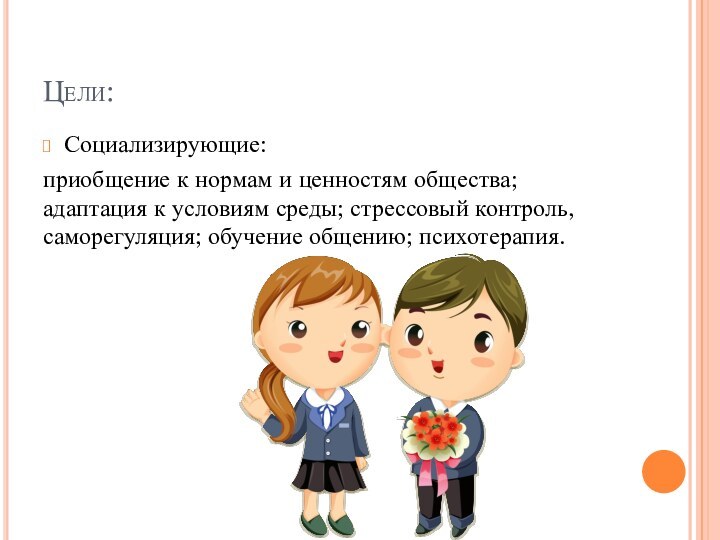 Цели:Социализирующие: приобщение к нормам и ценностям общества; адаптация к условиям среды; стрессовый