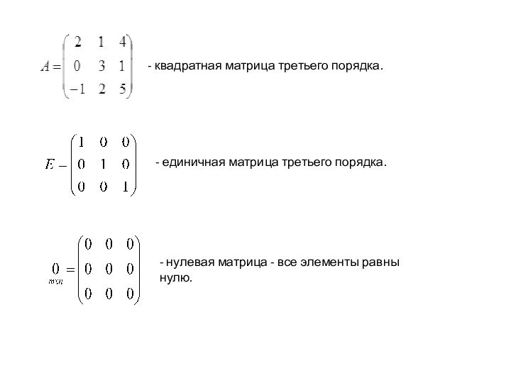 - квадратная матрица третьего порядка.- единичная матрица третьего порядка. - нулевая матрица
