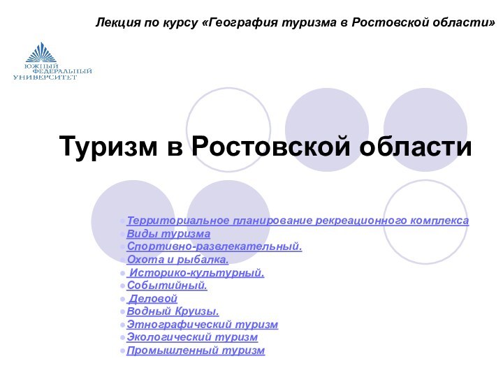 Туризм в Ростовской области Территориальное планирование рекреационного комплекса Виды туризмаСпортивно-развлекательный. Охота и рыбалка.