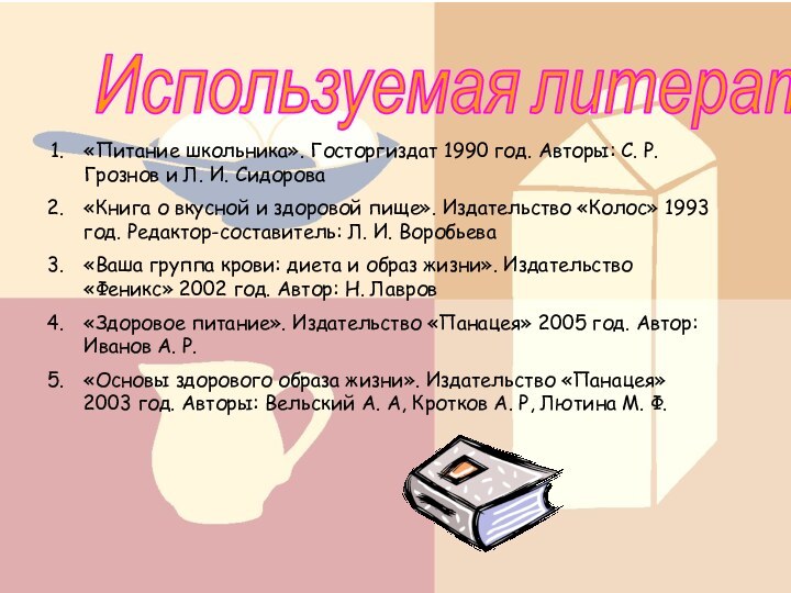 Используемая литература«Питание школьника». Госторгиздат 1990 год. Авторы: С. Р. Грознов и Л.