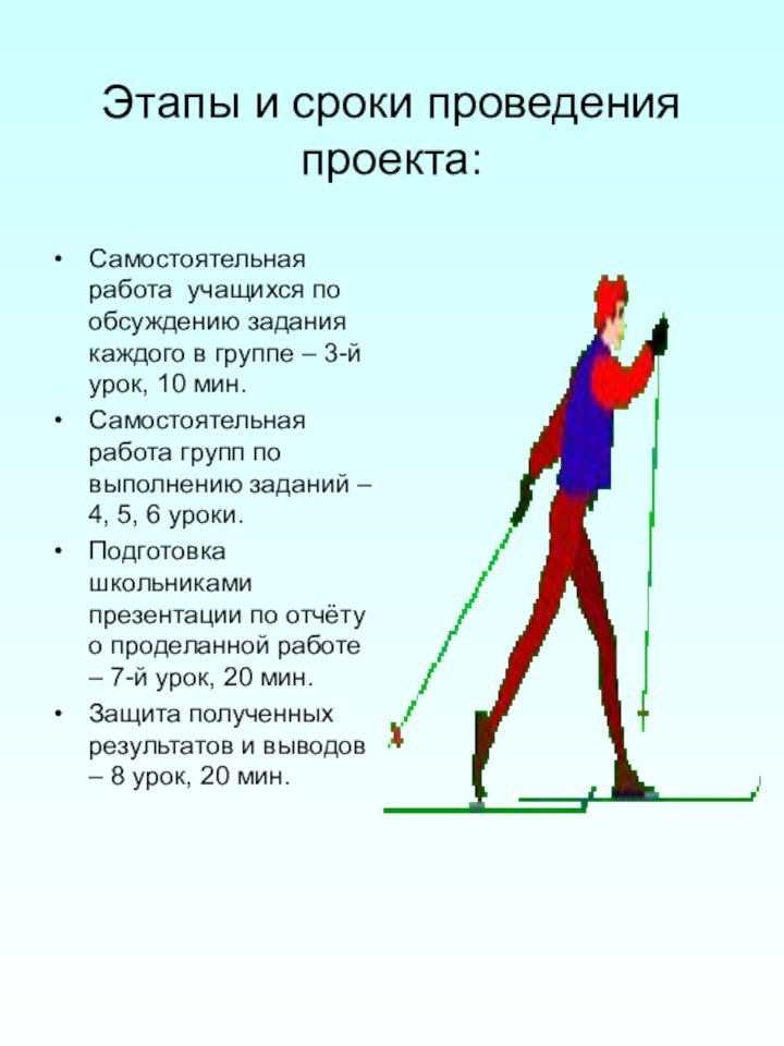 Этапы и сроки проведения проекта:Самостоятельная работа учащихся по обсуждению задания каждого в