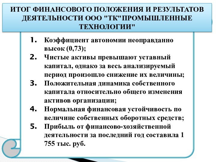 Коэффициент автономии неоправданно высок (0,73);Чистые активы превышают уставный капитал, однако за весь