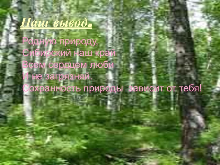 Наш вывод.Родную природу,Сибирский наш крайВсем сердцем любиИ не загрязняй. Сохранность природы зависит от тебя!