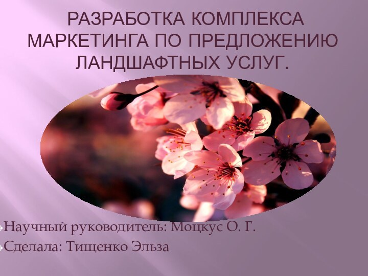 Разработка комплекса маркетинга по предложению ландшафтных услуг.Научный руководитель: Моцкус О. Г.Сделала: Тищенко Эльза