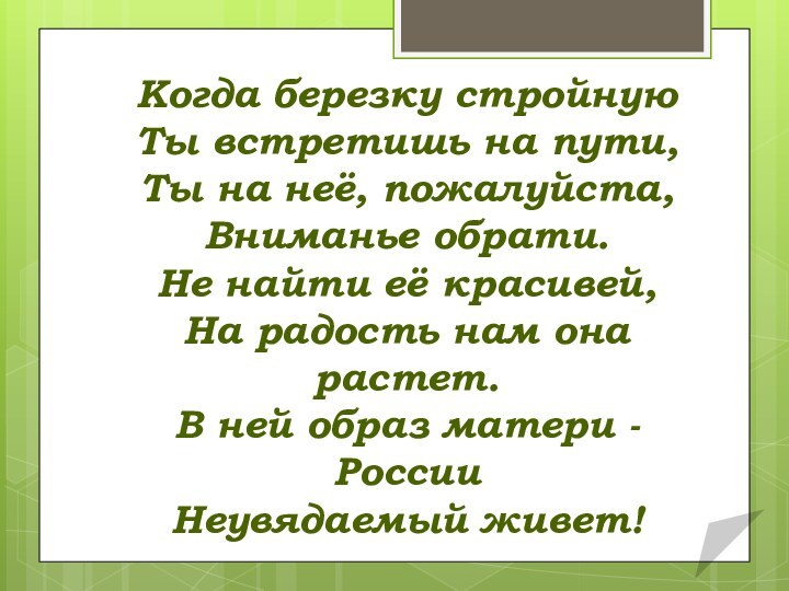 Когда березку стройную Ты встретишь на пути, Ты на неё, пожалуйста, Вниманье