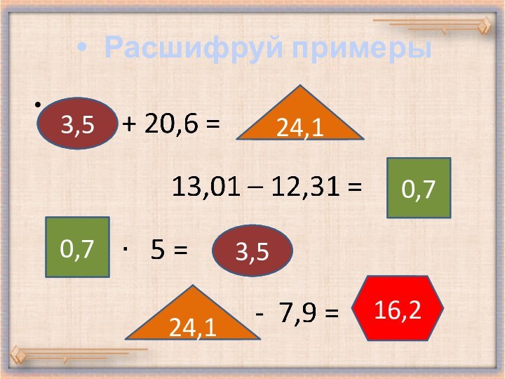 Расшифруй примеры0,70,73,53,524,124,116,2