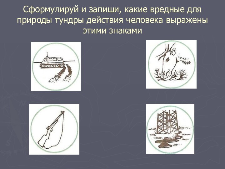 Сформулируй и запиши, какие вредные для природы тундры действия человека выражены этими знаками