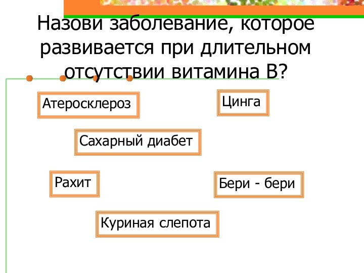 Назови заболевание, которое развивается при длительном отсутствии витамина В?АтеросклерозСахарный диабетБери - бериЦингаРахитКуриная слепота