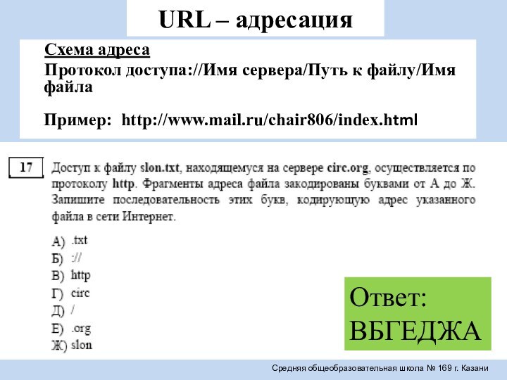 URL – адресацияСхема адресаПротокол доступа://Имя сервера/Путь к файлу/Имя файла    Пример: