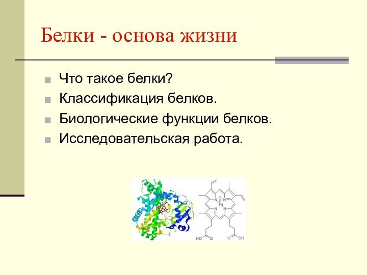 Белки - основа жизниЧто такое белки?Классификация белков.Биологические функции белков.Исследовательская работа.