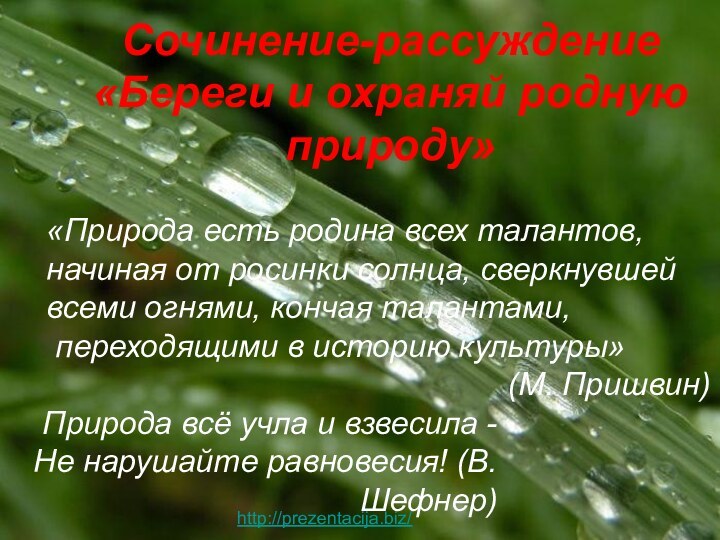 Сочинение-рассуждение «Береги и охраняй родную природу»Природа всё учла и взвесила - Не