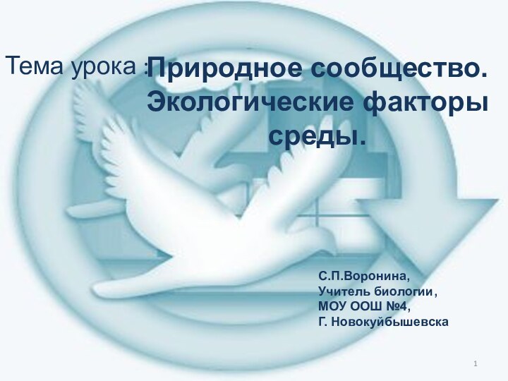 Природное сообщество.Экологические факторы среды.Тема урока :С.П.Воронина,Учитель биологии,МОУ ООШ №4,Г. Новокуйбышевска