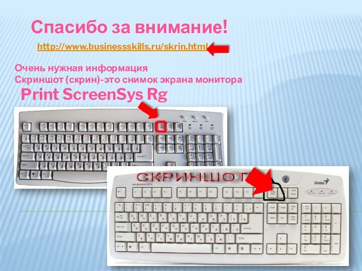 Спасибо за внимание!Очень нужная информацияСкриншот (скрин)-это снимок экрана монитора  Print ScreenSys Rghttp://www.businessskills.ru/skrin.html