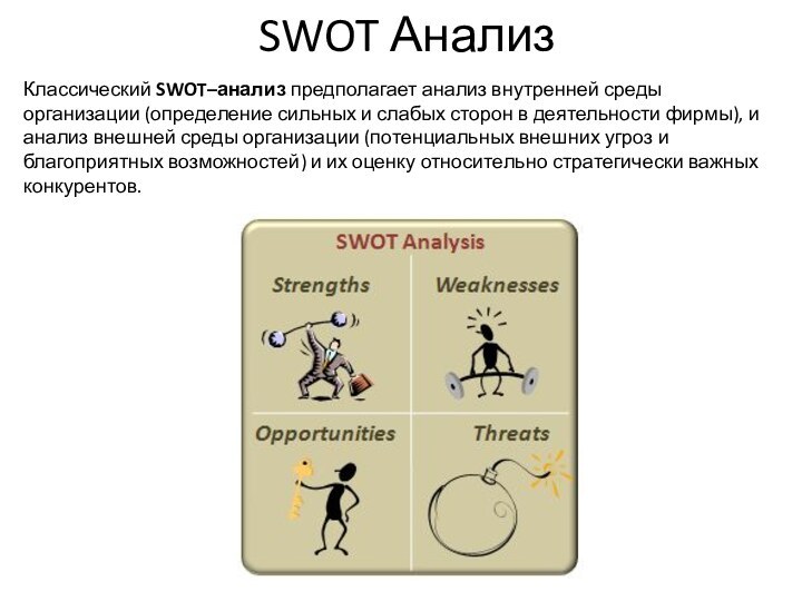 SWOT АнализКлассический SWOT–анализ предполагает анализ внутренней среды организации (определение сильных и слабых