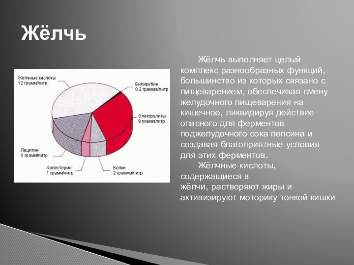 Жёлчь	Жёлчь выполняет целый комплекс разнообразных функций, большинство из которых связано с пищеварением,