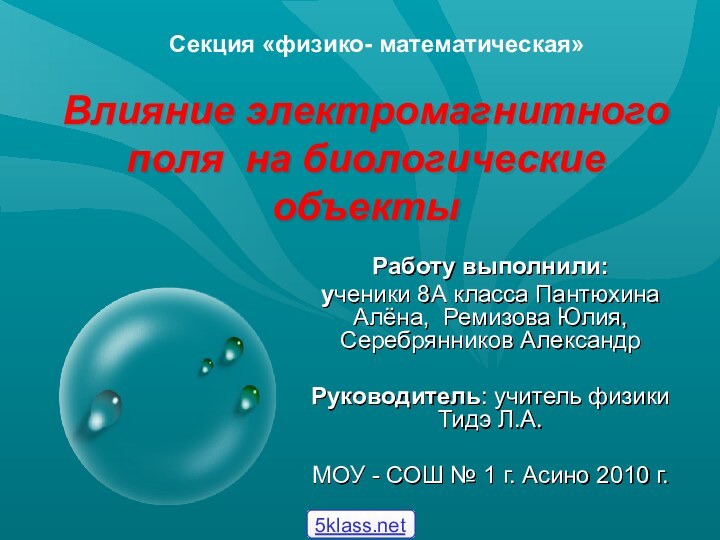 Влияние электромагнитного поля на биологические объекты Работу выполнили: ученики 8А класса Пантюхина