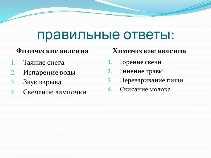 правильные ответы:  Физические явленияТаяние снегаИспарение водыЗвук взрываСвечение