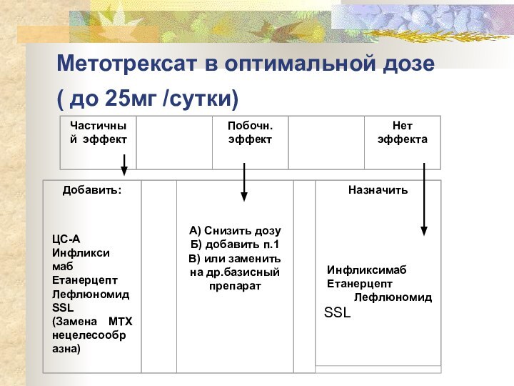 Метотрексат в оптимальной дозе  ( до 25мг /сутки)   