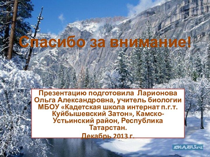 Спасибо за внимание!Презентацию подготовила Ларионова Ольга Александровна, учитель биологии МБОУ «Кадетская школа