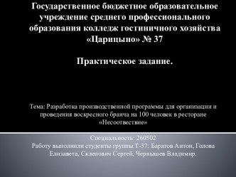 Разработка производственной программы для организации бранча