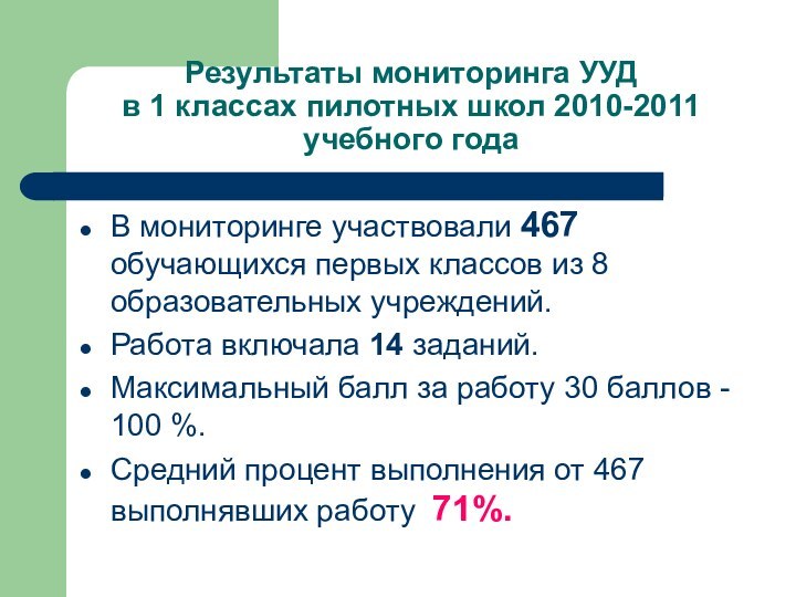 Результаты мониторинга УУД  в 1 классах пилотных школ 2010-2011 учебного года