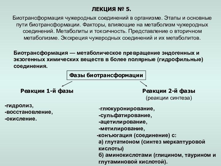 ЛЕКЦИЯ № 5.Биотрансформация чужеродных соединений в организме. Этапы и основные пути биотрансформации.