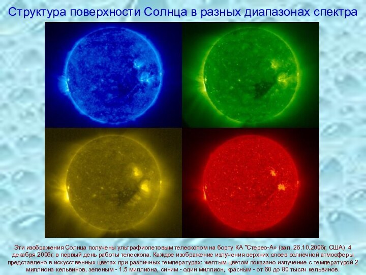 Структура поверхности Солнца в разных диапазонах спектраЭти изображения Солнца получены ультрафиолетовым телескопом