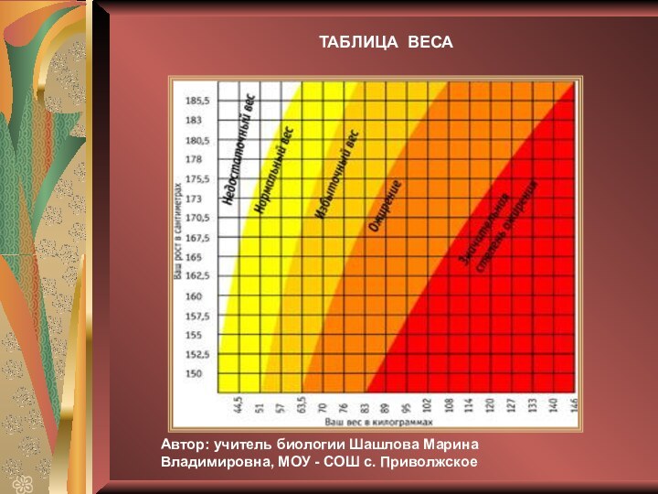 ТАБЛИЦА ВЕСА Автор: учитель биологии Шашлова Марина Владимировна, МОУ - СОШ с. Приволжское