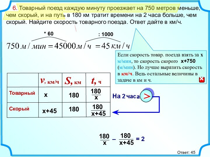 6. Товарный поезд каждую минуту проезжает на 750 метров меньше,