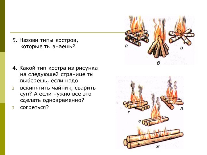 5. Назови типы костров, которые ты знаешь?4. Какой тип костра из рисунка