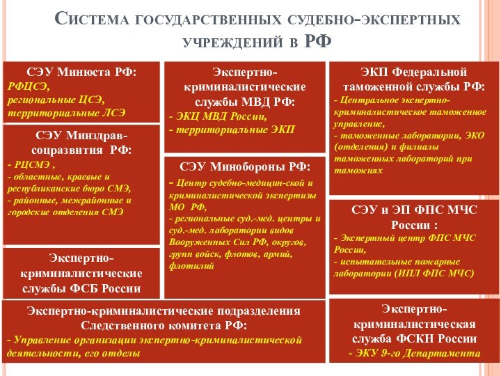 Система государственных судебно-экспертных учреждений в РФСЭУ Минюста РФ:РФЦСЭ, региональные ЦСЭ, территориальные ЛСЭСЭУ