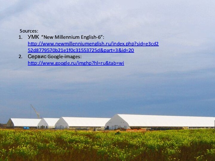 Sources:УМК “New Millennium English-6”: http://www.newmillenniumenglish.ru/index.php?sid=e3cd252d8779570b21e1f0c31553725d&part=3&id=20 Сервис Google-images: http://www.google.ru/imghp?hl=ru&tab=wi