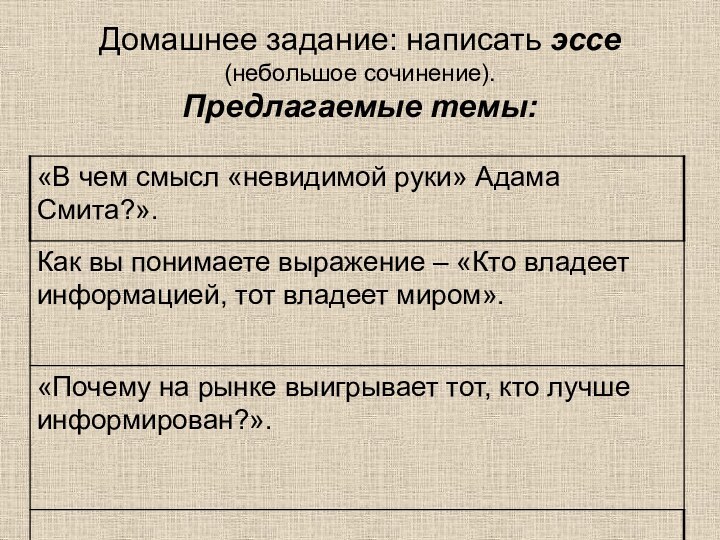 Домашнее задание: написать эссе (небольшое сочинение). Предлагаемые темы: