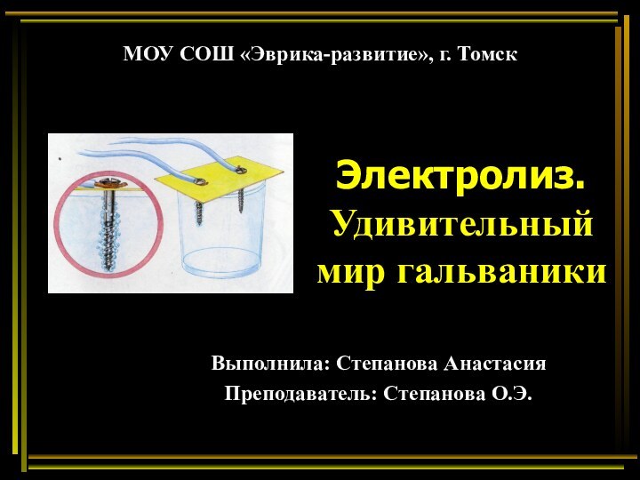 Выполнила: Степанова АнастасияПреподаватель: Степанова О.Э.Электролиз. Удивительный мир гальваники МОУ СОШ «Эврика-развитие», г. Томск