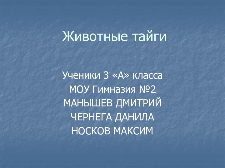 Животные тайгиУченики 3 «А» классаМОУ Гимназия №2МАНЫШЕВ ДМИТРИЙЧЕРНЕГА ДАНИЛАНОСКОВ МАКСИМ