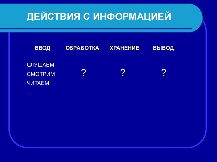 ДЕЙСТВИЯ С ИНФОРМАЦИЕЙВВОД 	   ОБРАБОТКА    ХРАНЕНИЕ     ВЫВОДСЛУШАЕМСМОТРИМЧИТАЕМ…???