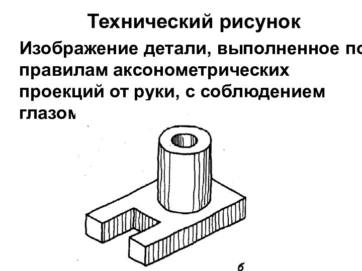 Технический рисунок Изображение детали, выполненное по правилам аксонометрических проекций от руки, с соблюдением глазомерного масштаба