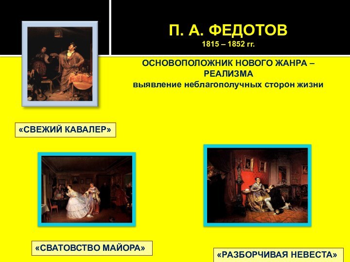 «СВАТОВСТВО МАЙОРА»«РАЗБОРЧИВАЯ НЕВЕСТА»«СВЕЖИЙ КАВАЛЕР»П. А. ФЕДОТОВ 1815 – 1852 гг. ОСНОВОПОЛОЖНИК НОВОГО