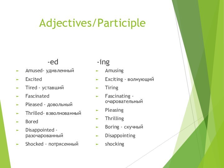 Adjectives/Participle-edAmused- удивленныйExcitedTired - уставшийFascinatedPleased - довольныйThrilled- взволнованныйBoredDisappointed - разочарованныйShocked - потрясенный-ingAmusingExciting -