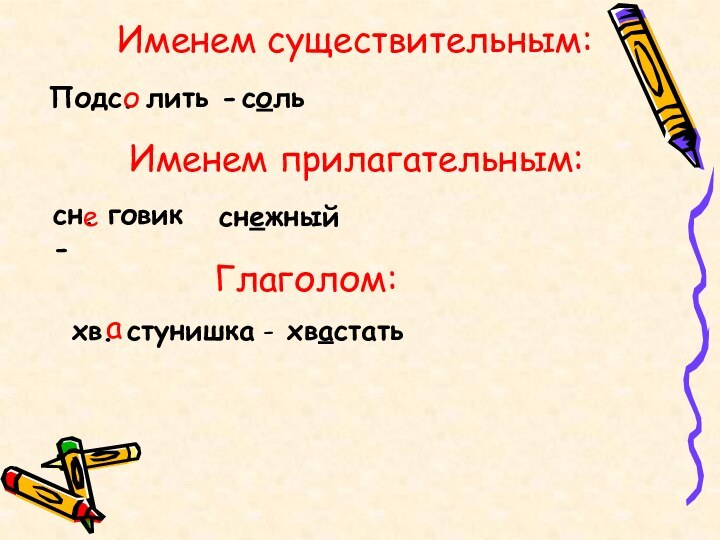 Именем существительным:Подс. лить -сольоИменем прилагательным:сн. говик -снежныйеГлаголом:хв. стунишка -хвастатьа